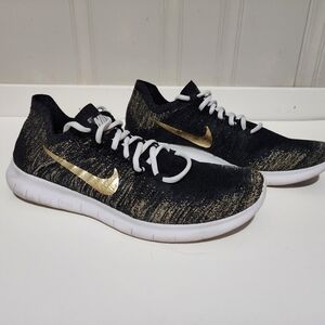 2017 Women's Custom Nike ID Free RN Flyknit Black Metallic Gold Size 9.5